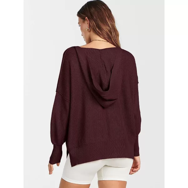 imageANRABESS Womens Long Sleeve V Neck Hooded Drop Shoulder Oversized Slouchy Knit Pullover Sweater with SlitWine Red