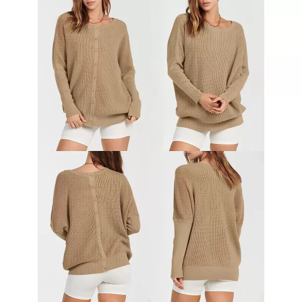 imageANRABESS Womens Long Sleeve Waffle Knit Sweater Button Down Open Front Casual Cardigan amp Detached TurtleneckKhaki