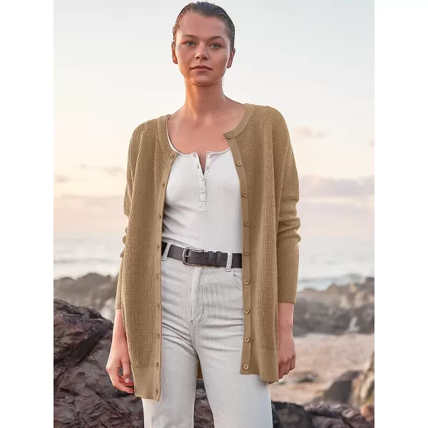 imageANRABESS Womens Long Sleeve Waffle Knit Sweater Button Down Open Front Casual Cardigan amp Detached TurtleneckKhaki