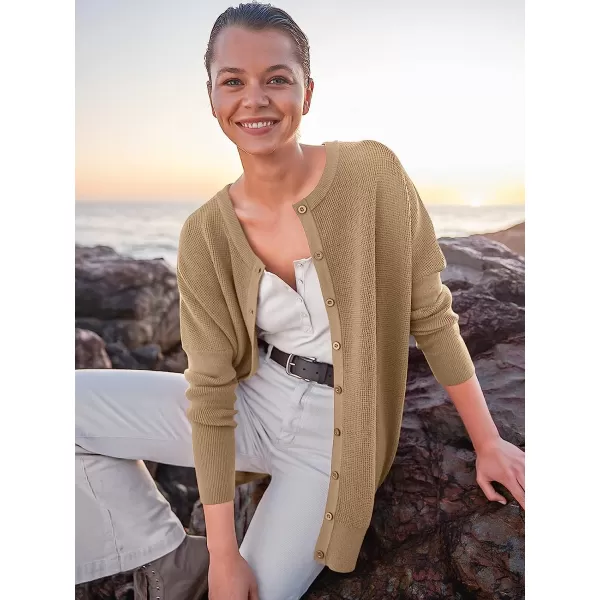 imageANRABESS Womens Long Sleeve Waffle Knit Sweater Button Down Open Front Casual Cardigan amp Detached TurtleneckKhaki