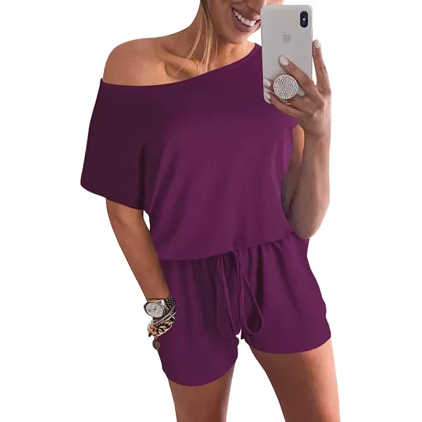 imageANRABESS Womens Loose Casual Off Shoulder Elastic Waist Stretchy Long Romper Jumpsuit05fushia