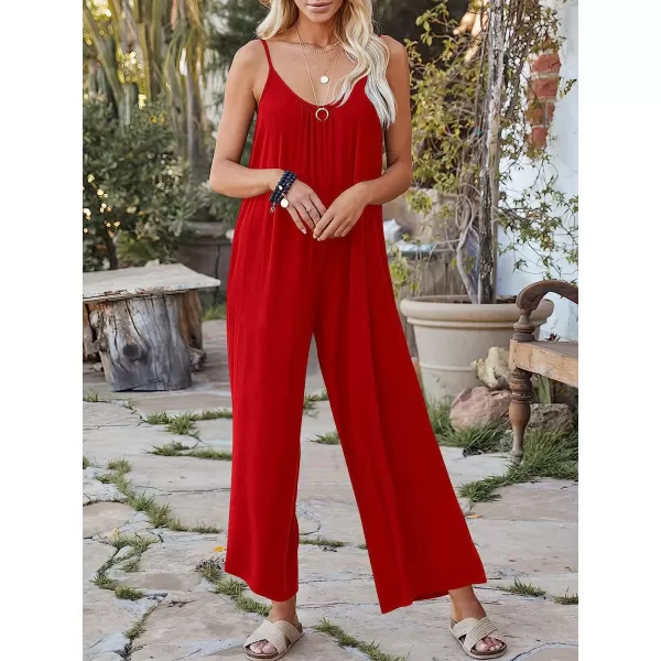 imageANRABESS Womens Loose Casual Sleeveless Adjustable Spaghetti Strap Jumpsuits Stretchy Wide Leg Rompers with PocketsRed