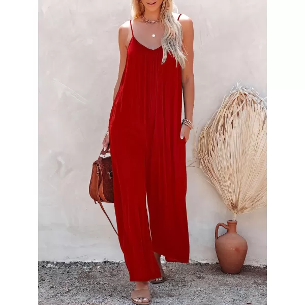 imageANRABESS Womens Loose Casual Sleeveless Adjustable Spaghetti Strap Jumpsuits Stretchy Wide Leg Rompers with PocketsRed