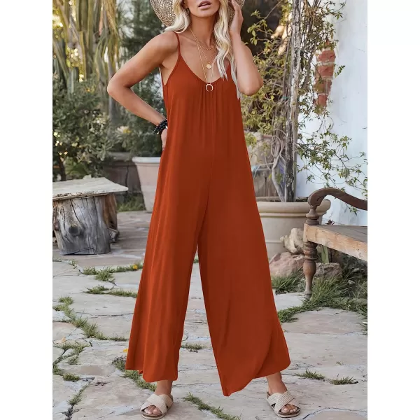 imageANRABESS Womens Loose Casual Sleeveless Adjustable Spaghetti Strap Jumpsuits Stretchy Wide Leg Rompers with PocketsRust