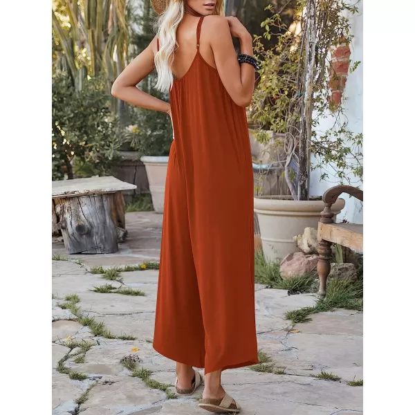 imageANRABESS Womens Loose Casual Sleeveless Adjustable Spaghetti Strap Jumpsuits Stretchy Wide Leg Rompers with PocketsRust