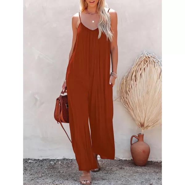 imageANRABESS Womens Loose Casual Sleeveless Adjustable Spaghetti Strap Jumpsuits Stretchy Wide Leg Rompers with PocketsRust