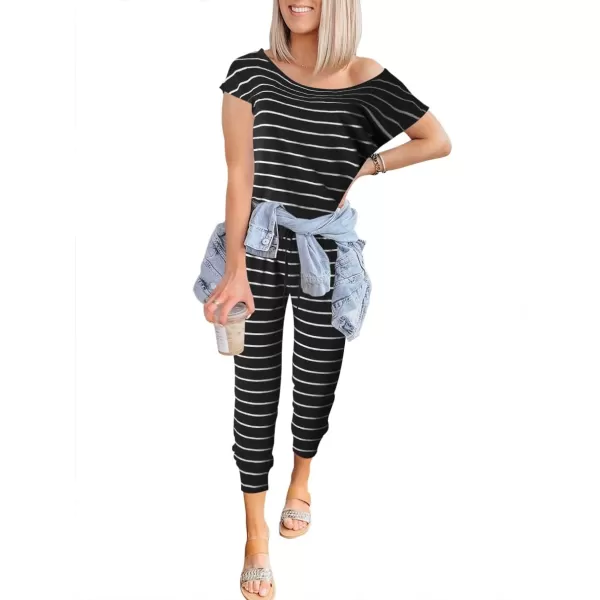 imageANRABESS Womens Loose Summer Casual Off Shoulder Elastic Waist Stretchy Long Romper Jumpsuit01blackampwhite