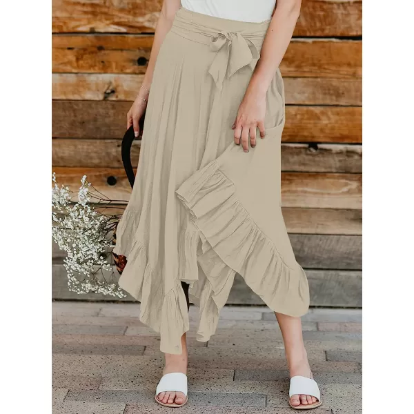 imageANRABESS Womens Maxi Skirt High Waist Tie Front Pleated Flowy Ruffle Asymmetric Long SkirtsApricot