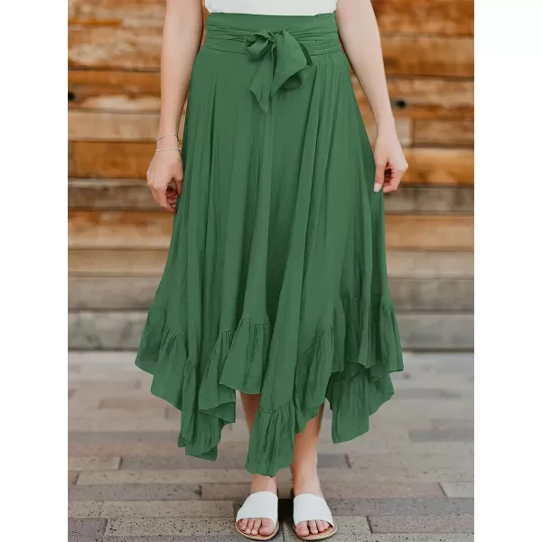 imageANRABESS Womens Maxi Skirt High Waist Tie Front Pleated Flowy Ruffle Asymmetric Long SkirtsArmy Green