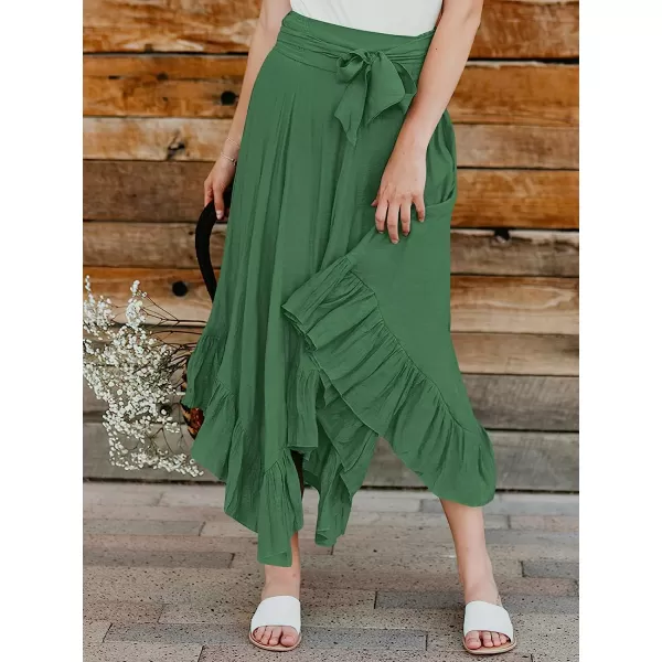imageANRABESS Womens Maxi Skirt High Waist Tie Front Pleated Flowy Ruffle Asymmetric Long SkirtsArmy Green