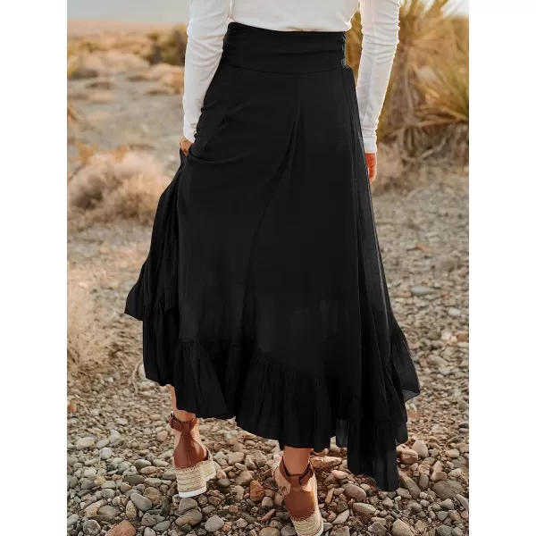 imageANRABESS Womens Maxi Skirt High Waist Tie Front Pleated Flowy Ruffle Asymmetric Long SkirtsBlack