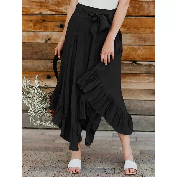 imageANRABESS Womens Maxi Skirt High Waist Tie Front Pleated Flowy Ruffle Asymmetric Long SkirtsBlack