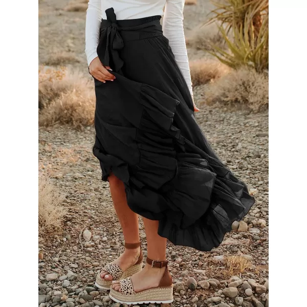 imageANRABESS Womens Maxi Skirt High Waist Tie Front Pleated Flowy Ruffle Asymmetric Long SkirtsBlack