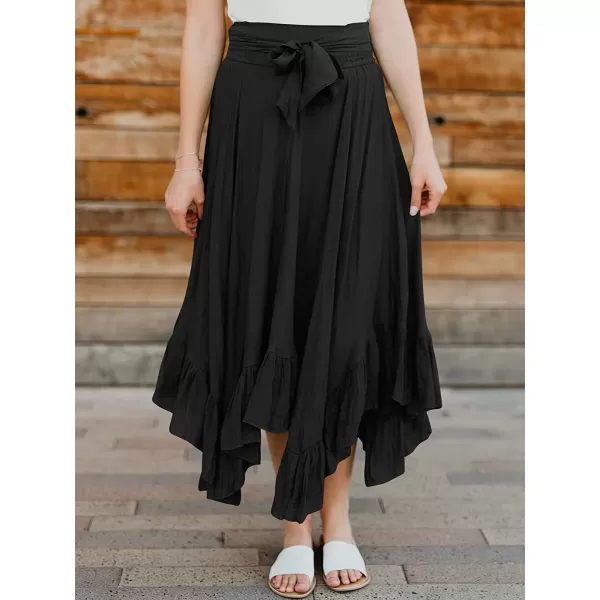 imageANRABESS Womens Maxi Skirt High Waist Tie Front Pleated Flowy Ruffle Asymmetric Long SkirtsBlack