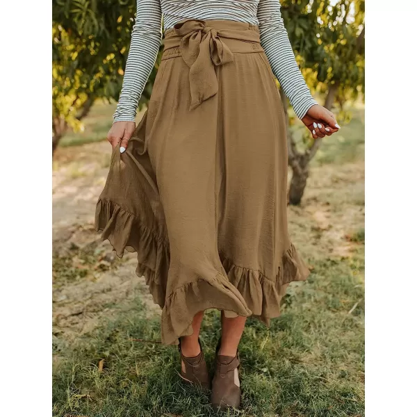 imageANRABESS Womens Maxi Skirt High Waist Tie Front Pleated Flowy Ruffle Asymmetric Long SkirtsBrown