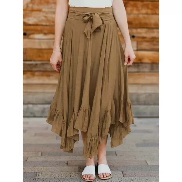 imageANRABESS Womens Maxi Skirt High Waist Tie Front Pleated Flowy Ruffle Asymmetric Long SkirtsBrown
