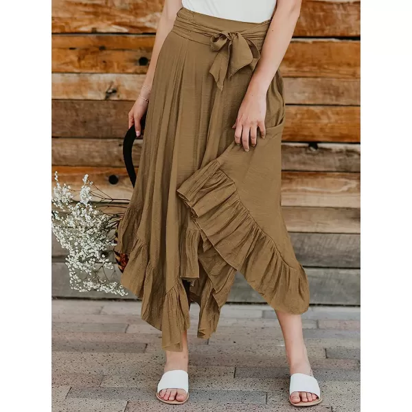 imageANRABESS Womens Maxi Skirt High Waist Tie Front Pleated Flowy Ruffle Asymmetric Long SkirtsBrown