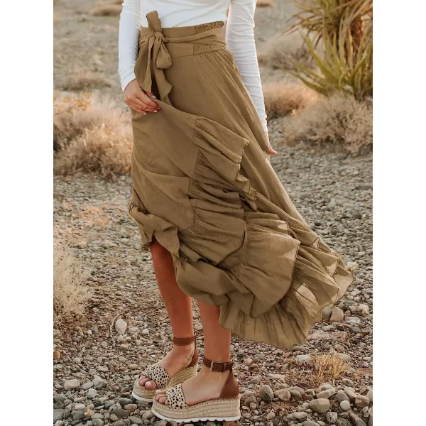 imageANRABESS Womens Maxi Skirt High Waist Tie Front Pleated Flowy Ruffle Asymmetric Long SkirtsBrown