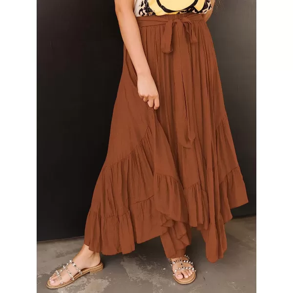 imageANRABESS Womens Maxi Skirt High Waist Tie Front Pleated Flowy Ruffle Asymmetric Long SkirtsCaramel