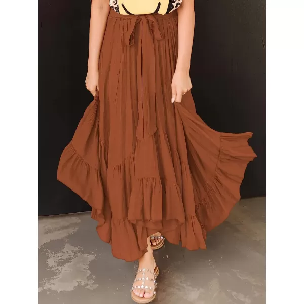 imageANRABESS Womens Maxi Skirt High Waist Tie Front Pleated Flowy Ruffle Asymmetric Long SkirtsCaramel
