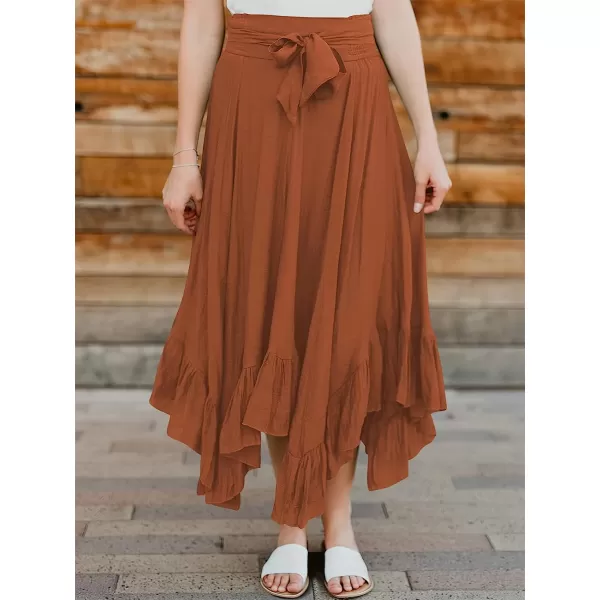 imageANRABESS Womens Maxi Skirt High Waist Tie Front Pleated Flowy Ruffle Asymmetric Long SkirtsCaramel