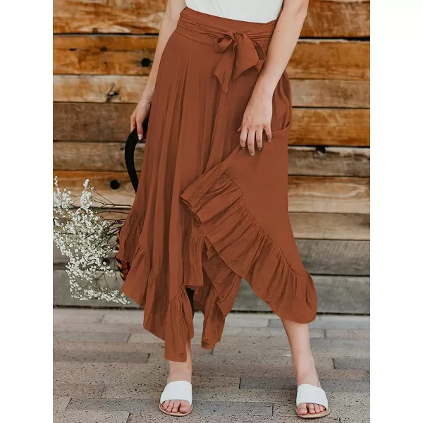imageANRABESS Womens Maxi Skirt High Waist Tie Front Pleated Flowy Ruffle Asymmetric Long SkirtsCaramel