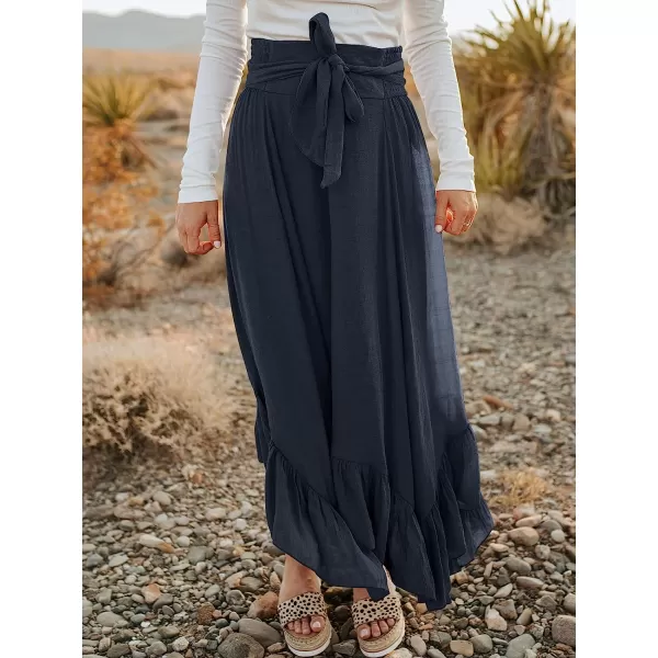 imageANRABESS Womens Maxi Skirt High Waist Tie Front Pleated Flowy Ruffle Asymmetric Long SkirtsNavy Blue