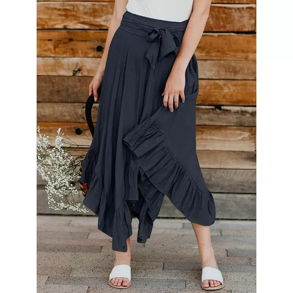 imageANRABESS Womens Maxi Skirt High Waist Tie Front Pleated Flowy Ruffle Asymmetric Long SkirtsNavy Blue