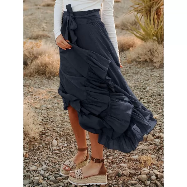 imageANRABESS Womens Maxi Skirt High Waist Tie Front Pleated Flowy Ruffle Asymmetric Long SkirtsNavy Blue