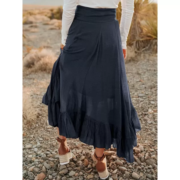 imageANRABESS Womens Maxi Skirt High Waist Tie Front Pleated Flowy Ruffle Asymmetric Long SkirtsNavy Blue