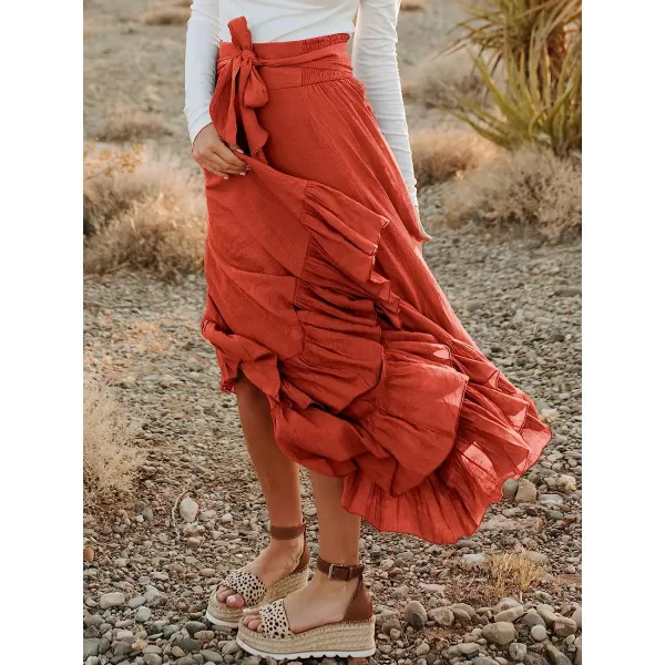 imageANRABESS Womens Maxi Skirt High Waist Tie Front Pleated Flowy Ruffle Asymmetric Long SkirtsRust