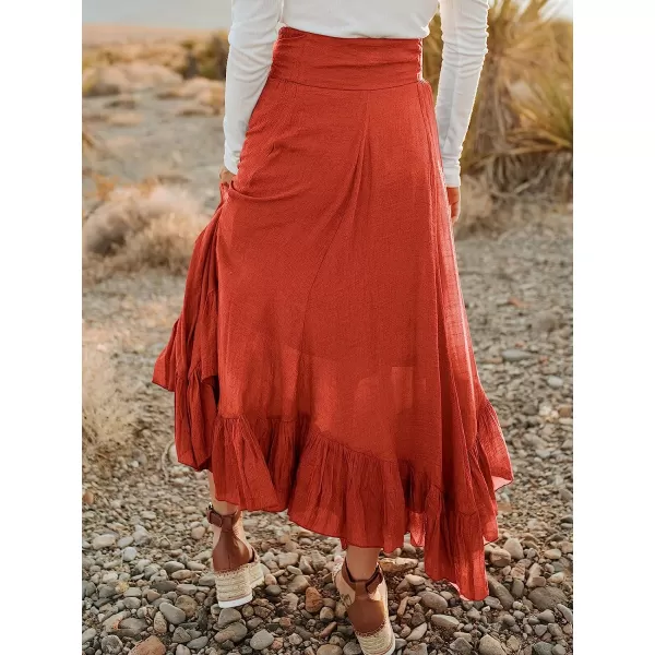 imageANRABESS Womens Maxi Skirt High Waist Tie Front Pleated Flowy Ruffle Asymmetric Long SkirtsRust