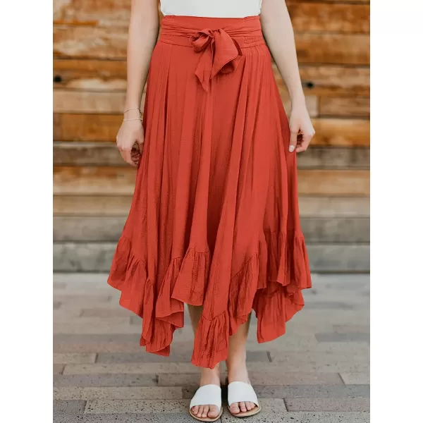 imageANRABESS Womens Maxi Skirt High Waist Tie Front Pleated Flowy Ruffle Asymmetric Long SkirtsRust
