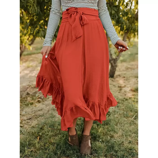 imageANRABESS Womens Maxi Skirt High Waist Tie Front Pleated Flowy Ruffle Asymmetric Long SkirtsRust