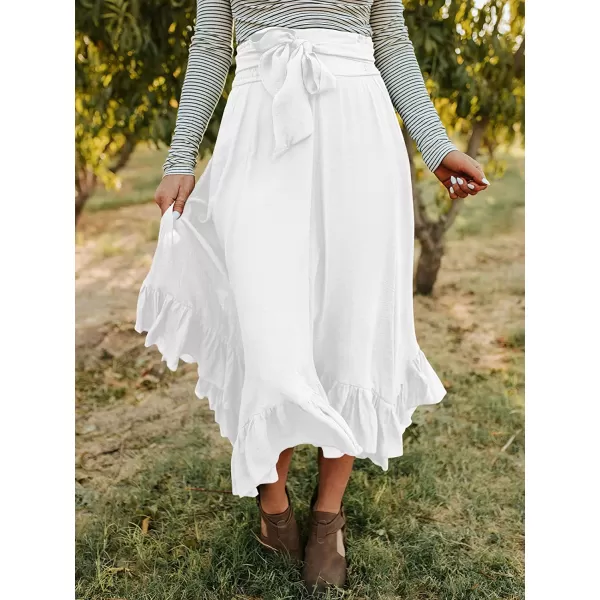 imageANRABESS Womens Maxi Skirt High Waist Tie Front Pleated Flowy Ruffle Asymmetric Long SkirtsWhite