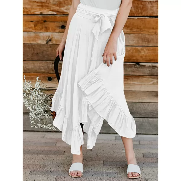 imageANRABESS Womens Maxi Skirt High Waist Tie Front Pleated Flowy Ruffle Asymmetric Long SkirtsWhite