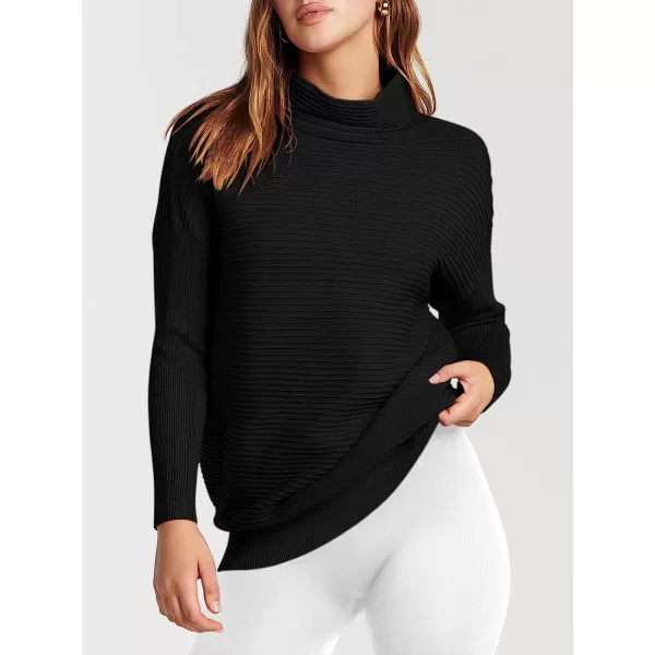 imageANRABESS Womens Mock Neck Batwing Long Sleeve Ribbed Knit Casual Soft Pullover Sweater Jumper TopBlack