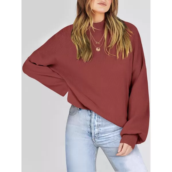 imageANRABESS Womens Mock Neck Batwing Sleeve 2024 Spring Oversized Sweater Casual Ribbed Knit Tunic Pullover TopRust