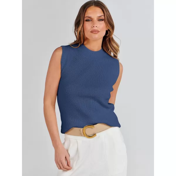 imageANRABESS Womens Mock Neck Knit Sweater Vest Casual Sleeveless Summer Trendy Ribbed Pullover Tank TopsDeep Blue