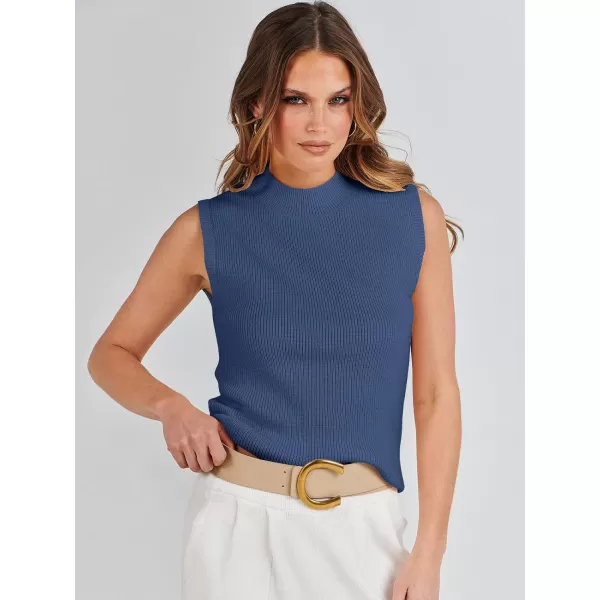 imageANRABESS Womens Mock Neck Knit Sweater Vest Casual Sleeveless Summer Trendy Ribbed Pullover Tank TopsDeep Blue