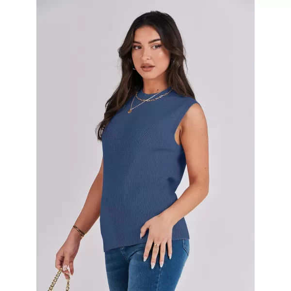 imageANRABESS Womens Mock Neck Knit Sweater Vest Casual Sleeveless Summer Trendy Ribbed Pullover Tank TopsDeep Blue