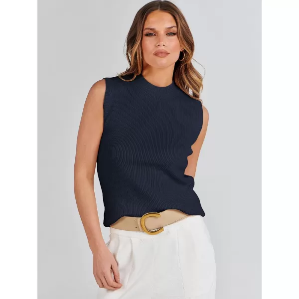 imageANRABESS Womens Mock Neck Knit Sweater Vest Casual Sleeveless Summer Trendy Ribbed Pullover Tank TopsNavy Blue