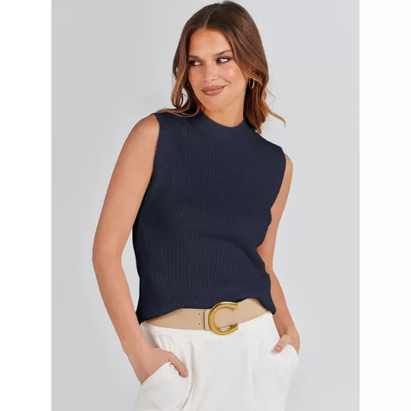 imageANRABESS Womens Mock Neck Knit Sweater Vest Casual Sleeveless Summer Trendy Ribbed Pullover Tank TopsNavy Blue