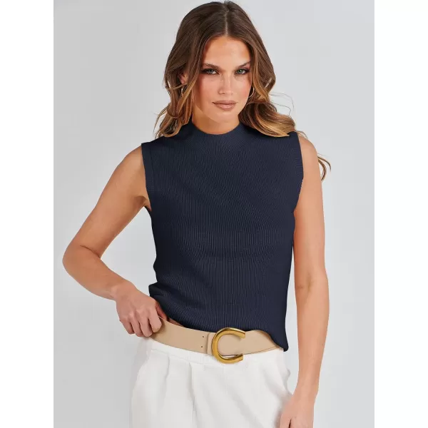 imageANRABESS Womens Mock Neck Knit Sweater Vest Casual Sleeveless Summer Trendy Ribbed Pullover Tank TopsNavy Blue