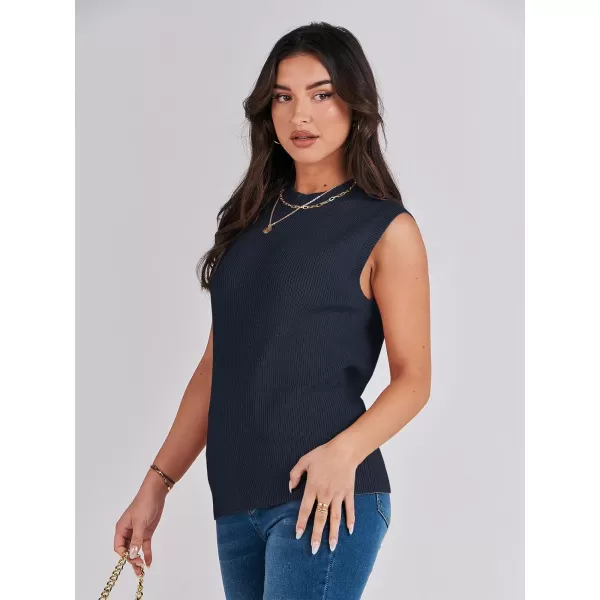 imageANRABESS Womens Mock Neck Knit Sweater Vest Casual Sleeveless Summer Trendy Ribbed Pullover Tank TopsNavy Blue