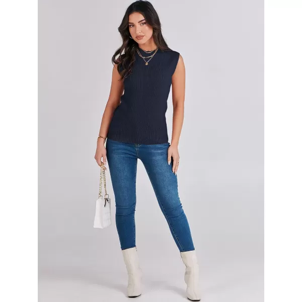 imageANRABESS Womens Mock Neck Knit Sweater Vest Casual Sleeveless Summer Trendy Ribbed Pullover Tank TopsNavy Blue