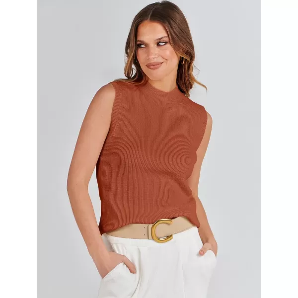 imageANRABESS Womens Mock Neck Knit Sweater Vest Casual Sleeveless Summer Trendy Ribbed Pullover Tank TopsRust