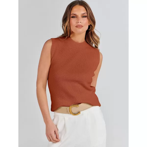 imageANRABESS Womens Mock Neck Knit Sweater Vest Casual Sleeveless Summer Trendy Ribbed Pullover Tank TopsRust