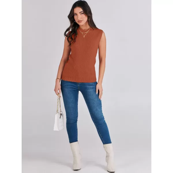imageANRABESS Womens Mock Neck Knit Sweater Vest Casual Sleeveless Summer Trendy Ribbed Pullover Tank TopsRust