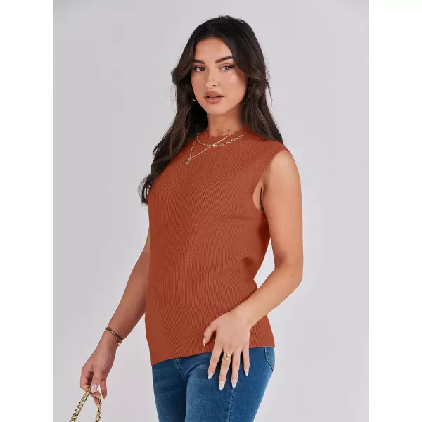 imageANRABESS Womens Mock Neck Knit Sweater Vest Casual Sleeveless Summer Trendy Ribbed Pullover Tank TopsRust